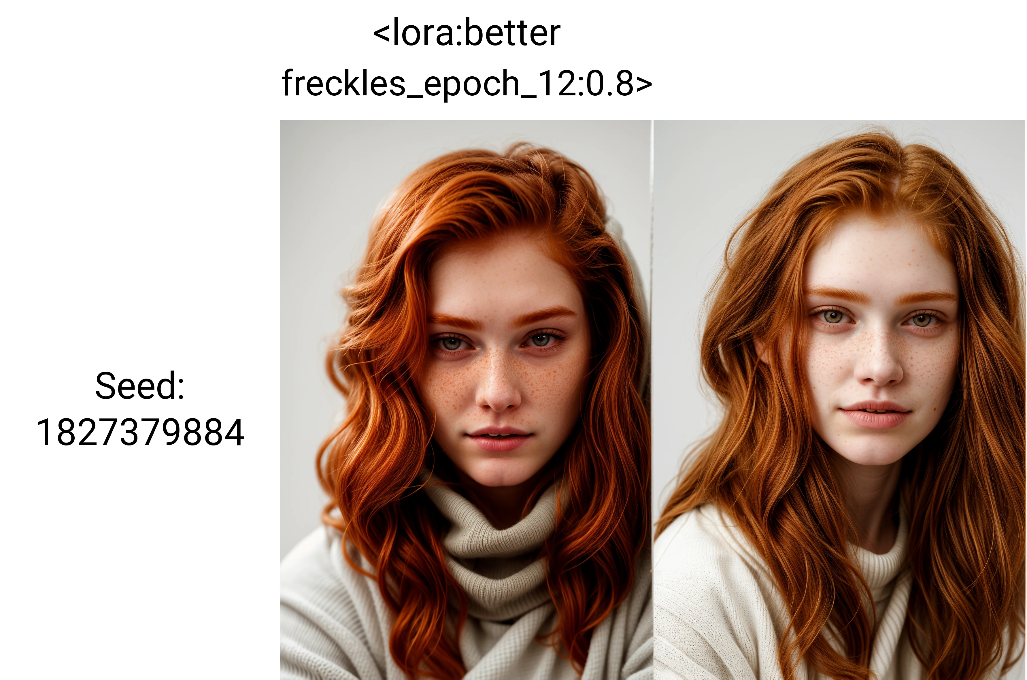 18 years old, close-up, long ginger hair, messy hair, baggy clothes, sweater, cheek dimples, very pale skin, freckles, white background, high contrast, canon 5D Mark IV, studio photography <lora:better freckles_epoch_12:0.8> <lora:more_details:1>
