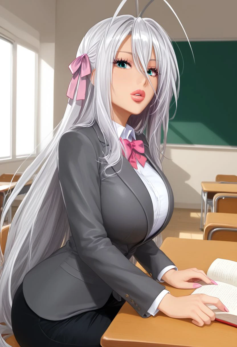 Masterpiece, best quality, high quality, highres, 4k, detailed face, Expressiveh, rossweisse, silver hair, long hair, antenna hair, aqua eyes, pink ribbons, large breast, parted lips, shiny lips, lipgloss, gyaru, bmbplora, long eyelashes, teacher, grey suit, classroom, cowboy shot, from side, sitting on desk, solo, holding books,