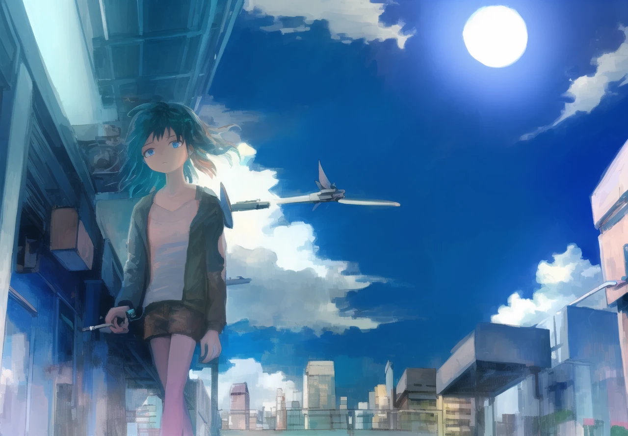 <lora:lofi85:1>,lofi,(masterpiece),(best quality),highly detailed,ultra-detailed,rooftop,solo,(1girl),(detailed eyes),expressionless,(smoking:1.2),(smoke),(fluttering clothes),(light breeze),(cityscape background),