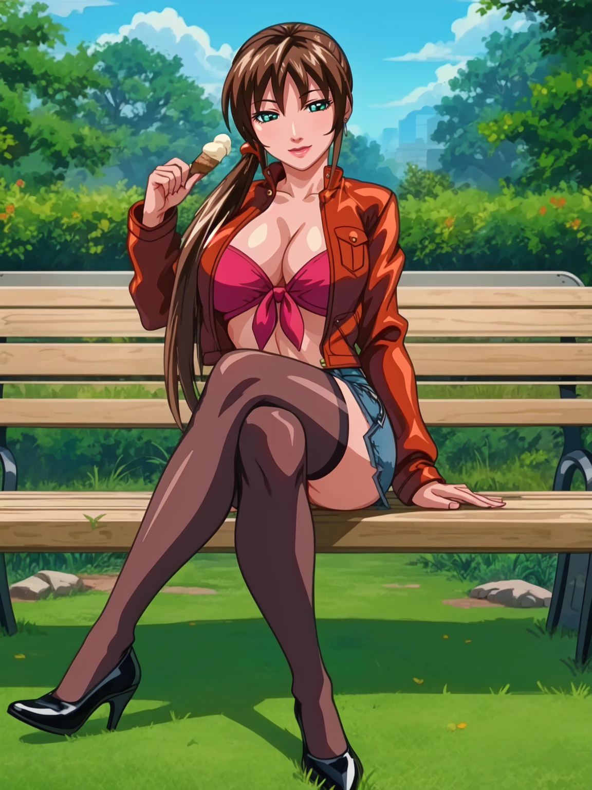 high quality, masterpiece,
Imari Kurumi is sitting on park bench, crossed legs, eating ice cream, holding ice cream, full body, 
1girl, mature female,  solo,
looking at viewer, light smile, half-closed eyes, 
brown hair, sidelocks, side ponytail, green eyes, earrings, hair tie,
front-tie top, red jacket, open clothes, denim skirt, miniskirt, black thighhighs, black high heels, black footwear, 
curvy, large breasts, cleavage, thighs,
outdoors, tree, park, garden, grass, complex background, epic, day, blue sky,
 <lora:ImariKurumiNewTestament15:1>