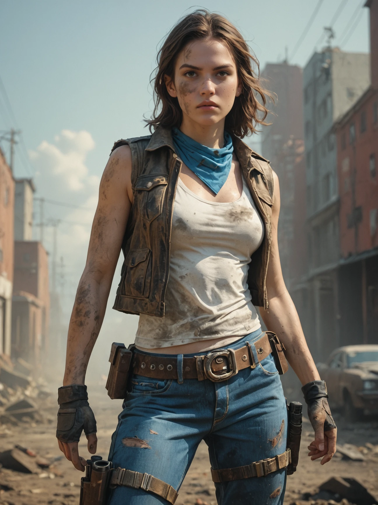 score_9, score_8_up,score_7_up, score_6_up, score_5_up, score_4_up, Action, heroine, dual, pistols, denim, jacket, white, tank, top, dirty, rugged, belt, holster, brunette, wavy, hair, confident, stance, adventurous, bandana