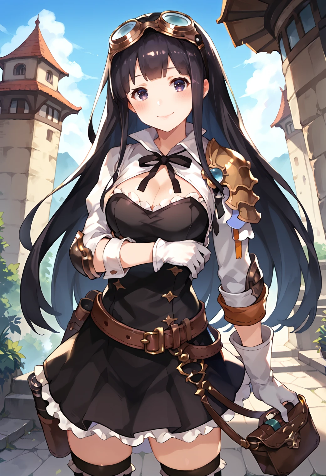 score_9, score_8_up, score_7_up, hd, (ultra hd quality details), outdoors,
solo, 1girl, jessicagbfbase, black hair, bangs, googles on head,
black dress, open jacket, ribbon, white jacket, cleavage, long sleeves, frills, white gloves, black thighhighs, belt, shoulder armor, holster,
looking at viewer, blush, smile, closed mouth,
standing, dutch angle,