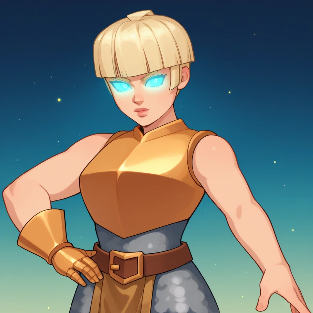 score_8_up, BREAK, ShieldMaiden, 1girl, solo, short hair, blonde hair, glowing eyes, blue eyes, gold armor, sleeveless, brown belt,  gold glove, single glove, <lora:ShieldMaiden_PXL_Leaf1:1>,   cowboy shot, light particles, blue gradient background,