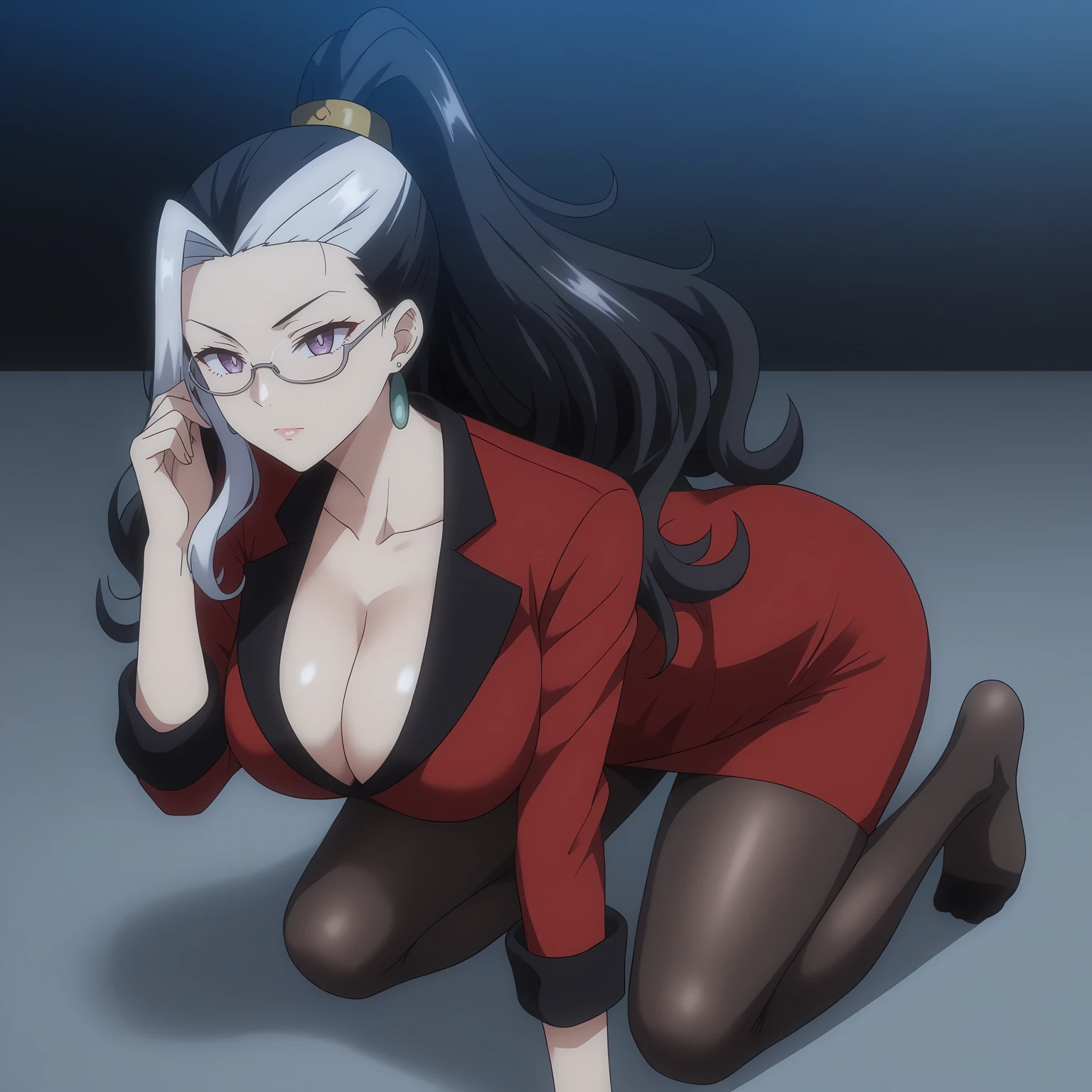 <lora:RikkaSumeragiXLpony001>,
solo,
RikkaSumeragi,1girl,two-tone hair,black hair,white hair,high ponytail,purple eyes,eyewear,earrings,
large breasts,
red suit,cleavage,
red skirt,
black_pantyhose,
full body,kneeling,