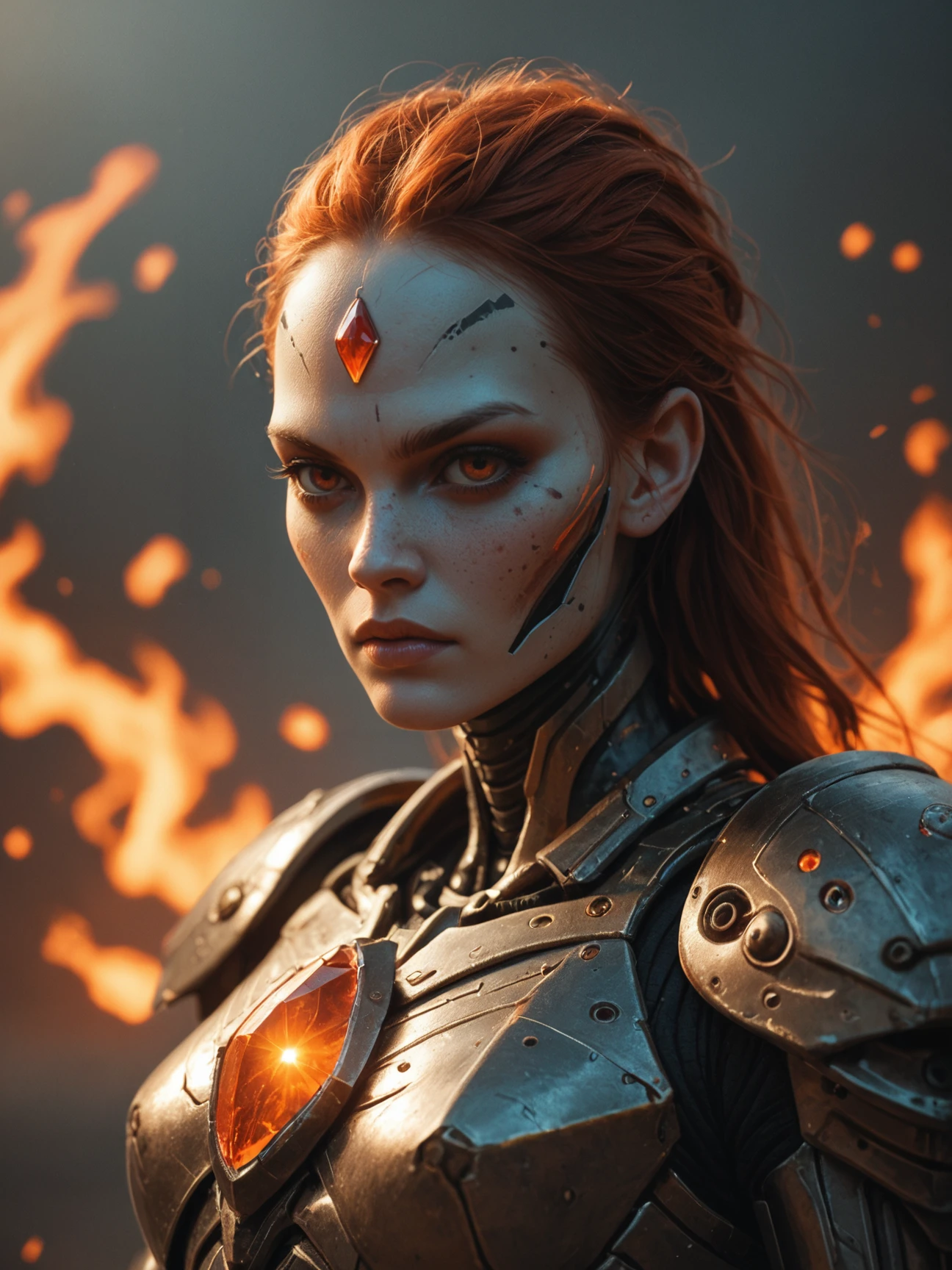 score_9, score_8_up,score_7_up, score_6_up, score_5_up, score_4_up, Alien, female, warrior, armored, metallic, fiery, red, hair, intense, eyes, orange, gem, forehead, freckles, dark, background, ethereal, mysterious, fierce