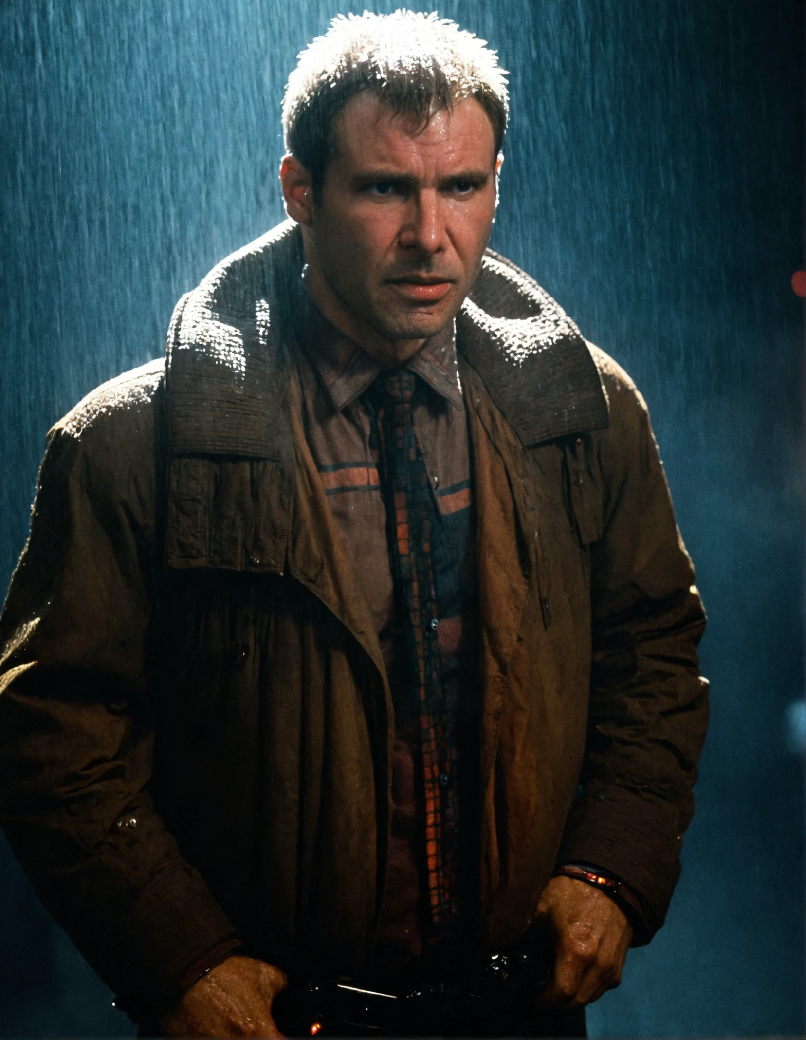 dck,high resolution photo,brown jacket,multicolored shirt and tie,standing,raining,blade runner background,gloomy,dimly lit
,volumetric lighting,volumetric fog,front view,cinematic,movie still,looking at viewer,volumetric lighting,rim lighting,illuminated face,realistic skin,pores,sweaty skin