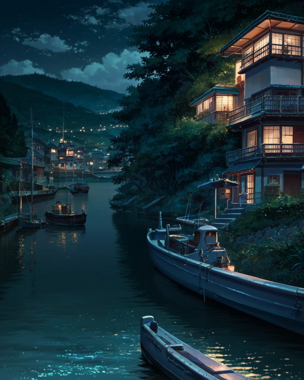 score_9, score_8_up, score_7_up, zPDXL,Shinkaistyle, scenery, watercraft, night, boat, outdoors, sky, tree, building, water, (no humans), still life, dock, high detail <lora:Shinkai_style:0.90>