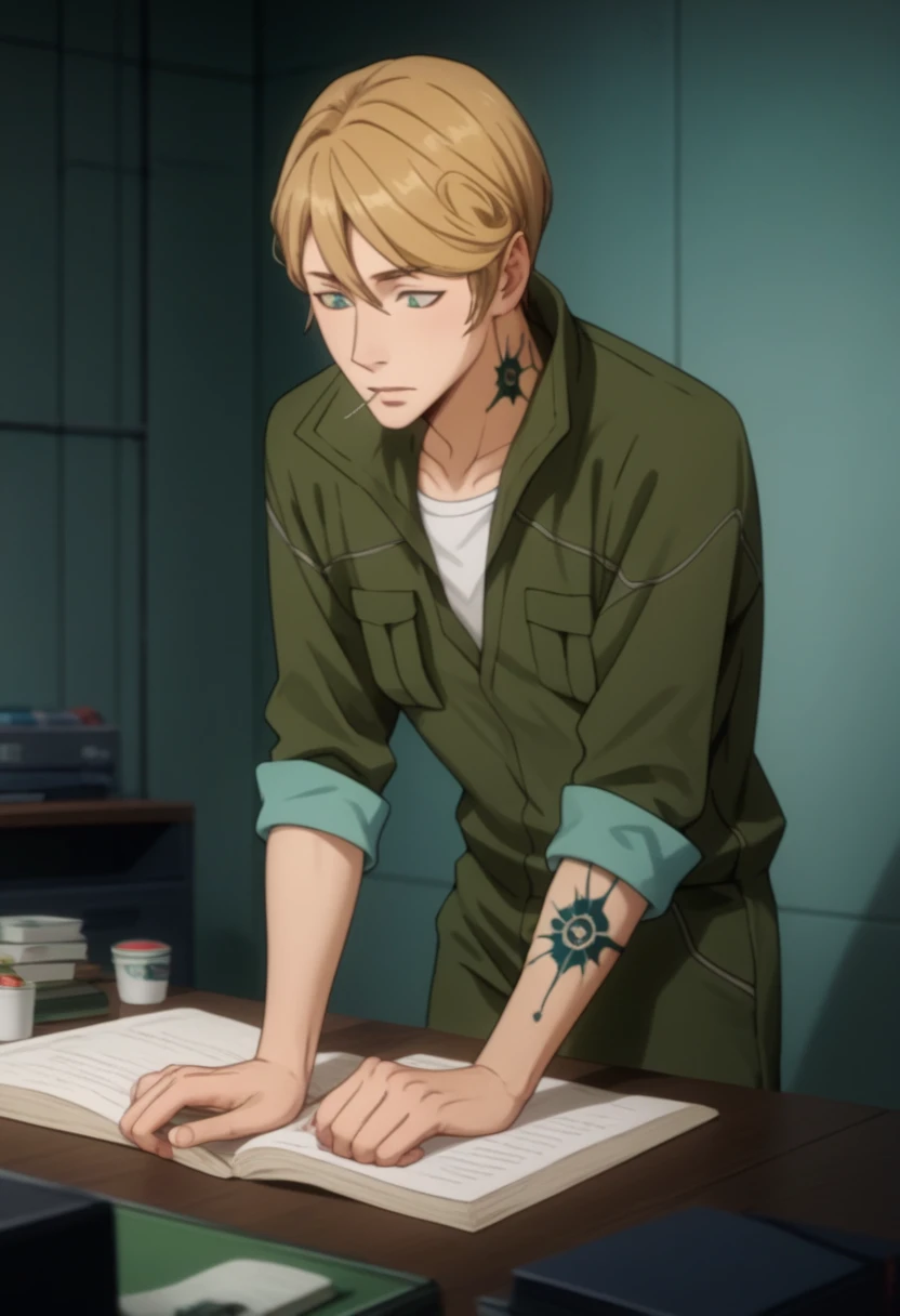 score_9, score_8_up, score_7_up, score_6_up, highly detailed, masterpiece, best quality,detailed,intricate details, amazing quality, best aesthetic, absurdres,spanner, blonde hair, green eyes, 1boy, male focus, tattoo, , green jumpsuit<lora:EMS-391482-EMS:1.000000>