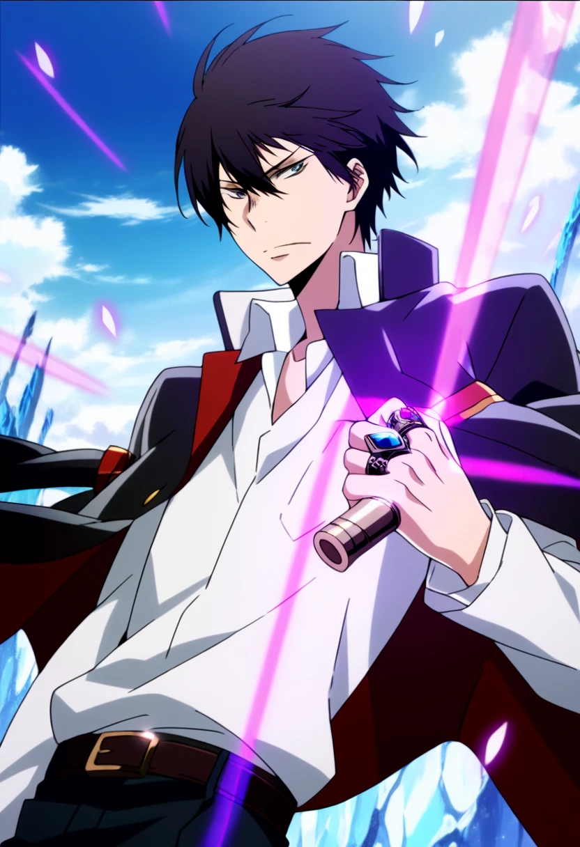 score_9, score_8_up, score_7_up, score_6_up, highly detailed, masterpiece, best quality,detailed,intricate details, amazing quality, best aesthetic, absurdres,kyoya hibari, black hair, gray eyes, 1boy, male focus, solo, weapon, cape, , ring, school uniform  purple flames, beam, energy<lora:EMS-391465-EMS:1.000000>