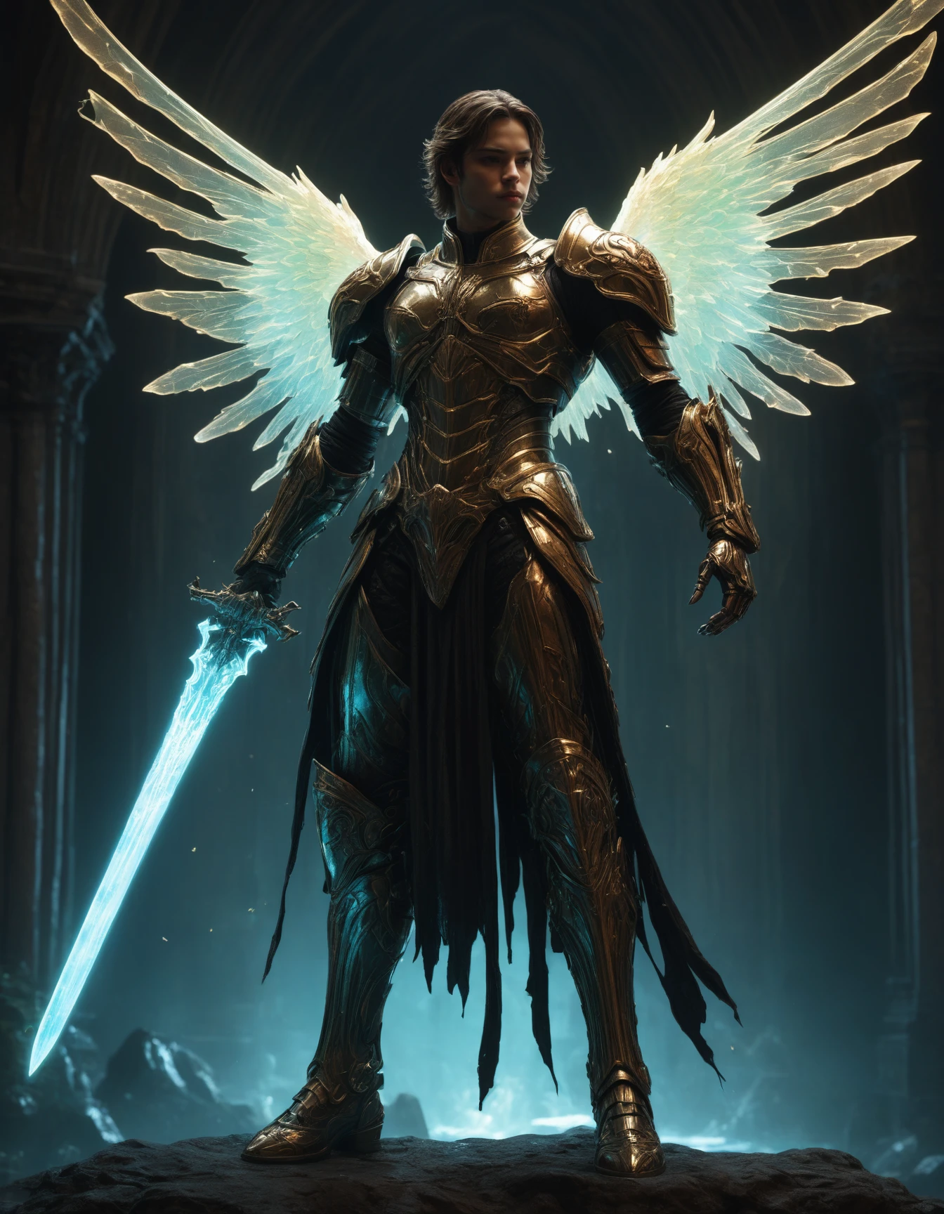 artiangel, full body view, (angelic, gothic, glowing, translucent, bioluminescent, imposing, ethereal, armored:1.5), holding a huge glowing sword, poster art, bold lines, hyper detailed, expressive,  award winning,  (movie still:1.4), (professional, finest details, masterpiece, best quality:1.5), looking at viewer, dynamic pose, wide angle view
<lora:artiangel:0.5>