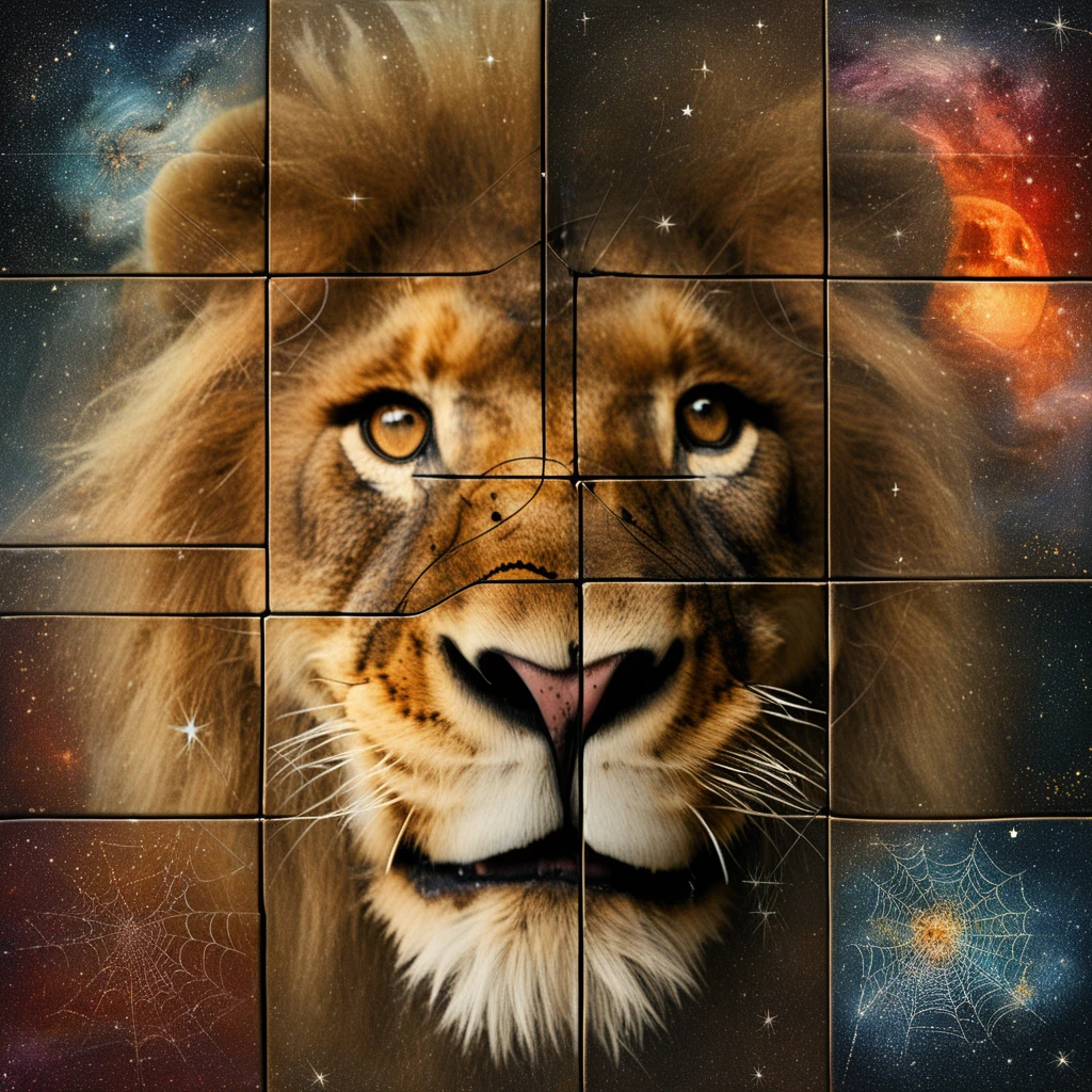 art4qd, 4 quadrants, dutch angle, space, lion, smile, starry sky, sunset, spider web