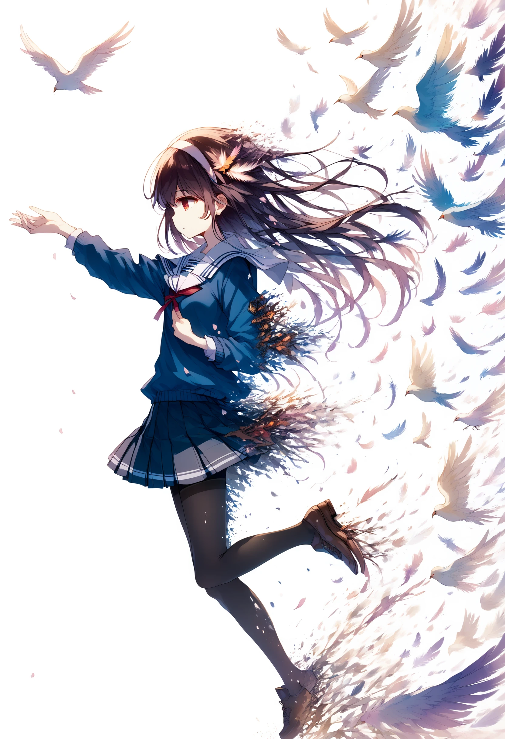 score_9, score_8_up, score_7_up, source anime, dissolving, disintegration, digital dissolve, kasumigaoka utaha, 1girl, feathers, petals, bird, red eyes, long hair, hairband, black hair, school uniform, pleated skirt, thighband pantyhose, loafers, floating hair, hands up, white background, from side, <lora:dissolving-xl-pony-v2-000008:1.2>, <lora:utaha-xl-pony-v3-000006:1>,