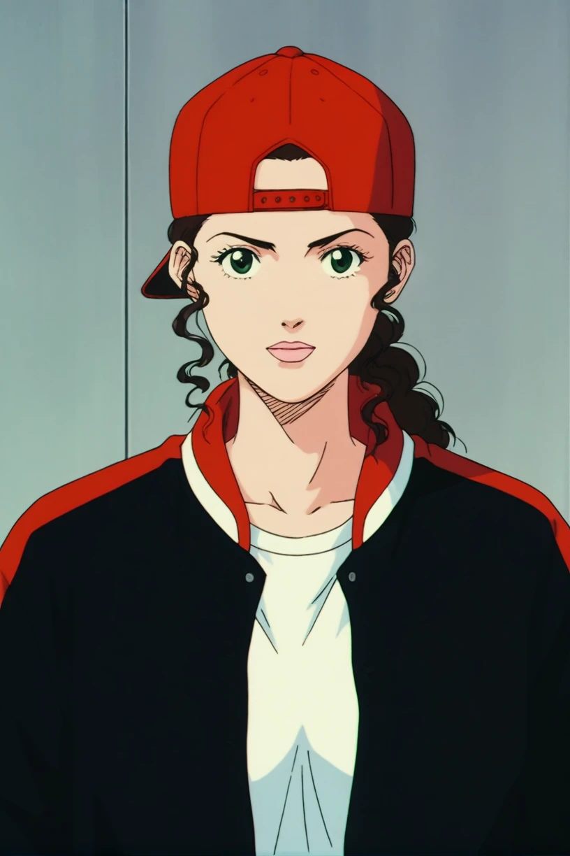 best quality,masterpiece,looking at viewer,absurdres,1girl,score_9,score_8_up,score_7_up,source_anime BREAK <lora:040-çç¯®é«æ-å½©å­XLV1:0.7>,1990s \(style\),retro artstyle,ayako,green eyes,brown hair,ponytail,hat,baseball cap,backwards hat,red baseball cap,jacket,white shirt,open jacket,black jacket,