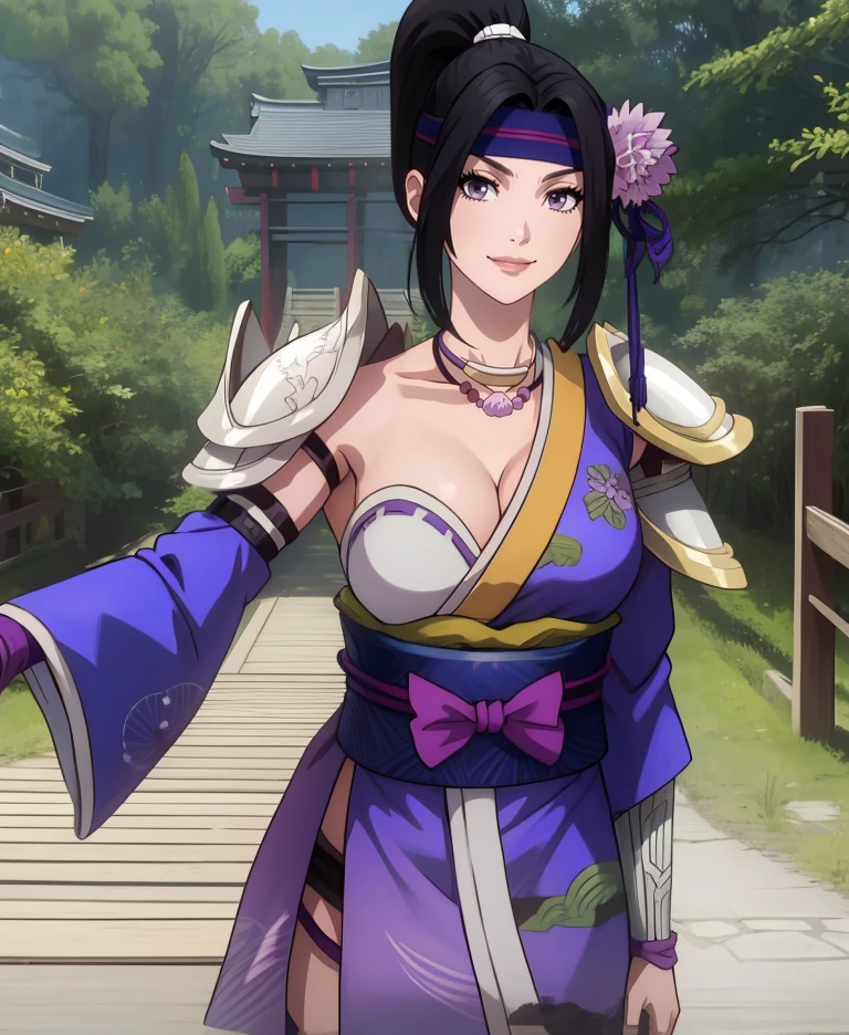 inahime,purple eyes,black hair,ponytail,
blue japanese clothes,necklace,hair flower,shoulder armor,headband,detached sleeves,bare shoulders,
standing,upper body,smile,looking at viewer,cleavage,
sengoku period,outdoors,
(insanely detailed,  masterpiece, best quality),solo,<lora:inahimeSW4:0.9>,