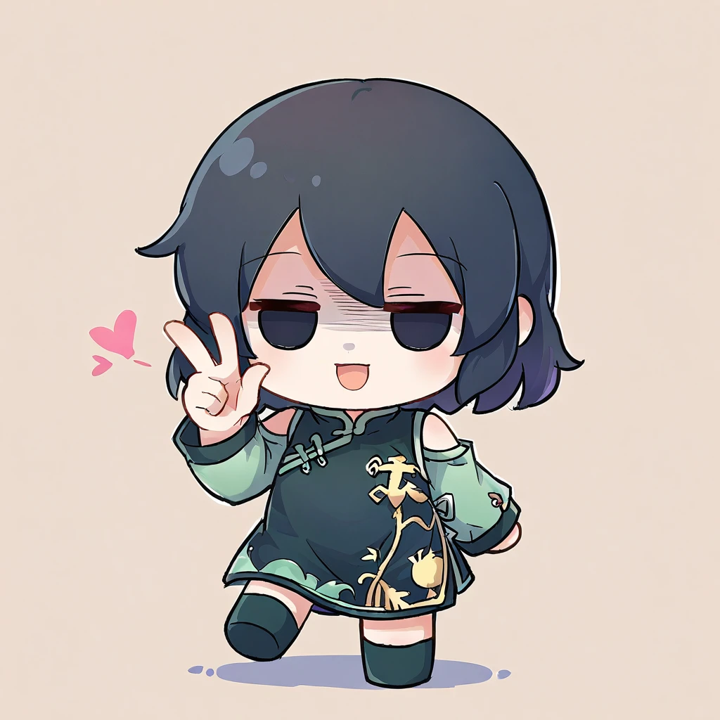 1girl,
fumo doll, chibi, solo, hand puppet, arm at side, sleeveless shirt, brown background, china dress, green shirt, china symbol, closed eyes, dress, full body, black footwear, blouse, jitome, :o, child, simple background, black eyes, character doll, long sleeves, meme, heart, black shirt, puppet, doll, open mouth, sidelocks, smile, shaded face, shirt, bare shoulders, black dress, black hair, hand up, chinese clothes, sleeveless,
score_9, score_8_up, score_7_up, source_anime
<lora:XL_fumo_(doll)(pony):1>