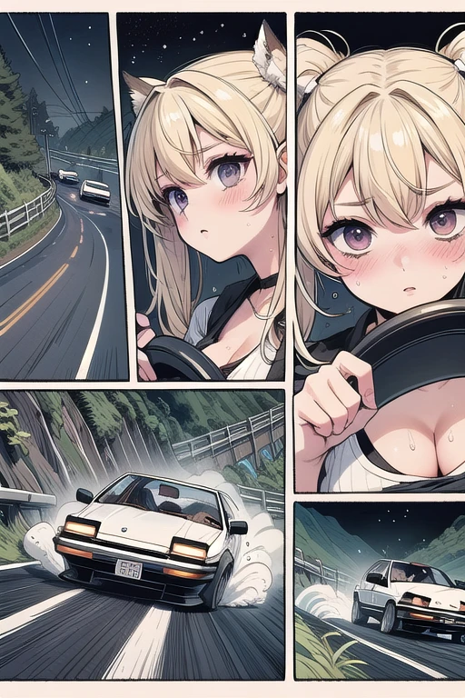 (((masterpiece))), (((best quality))), (((from below))), (((drifting style))), ((comic)), ((manga)), motion lines, motion blur, speed, driving, sports car, holding steering wheel, seatbelt, sweat, ruthless, reflection, wet, dust, wind, cliff, night, slope, uphill, downhill, AE 86, Initial D, mountain road, starry sky, solo, 1girl, blonde twintails, sweating, serious, cleavage, big tits, shy, blush, slim figure, <lora:50pics_driftingstyle:0.9>