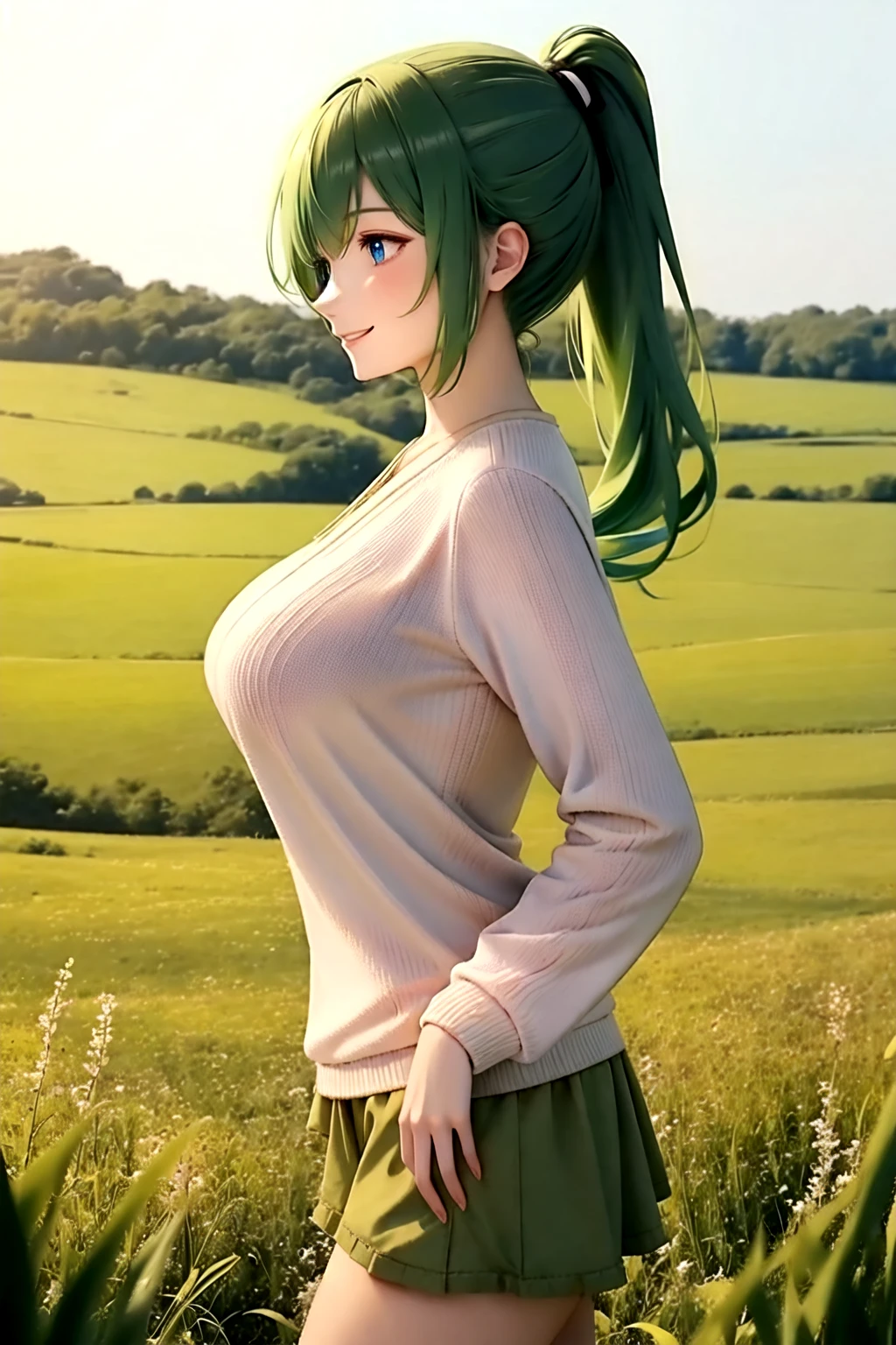 <lora:flareshorts:0.6>, (flared shorts), from side, large breasts, ponytail, green hair, blue eyes, outdoors, field, nature, sweater, smile
