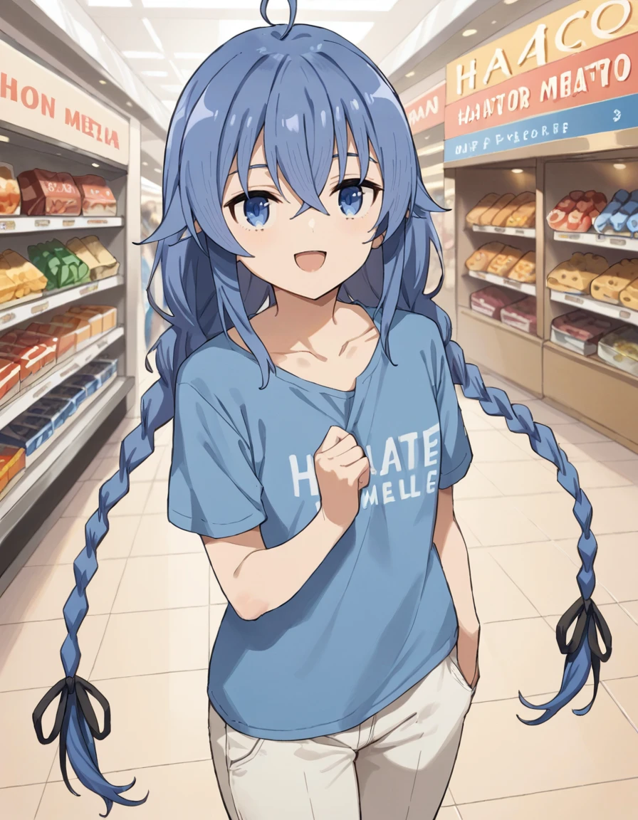 score_9, score_8_up, score_7_up, source_anime, 
1girl, solo, looking at viewer, outdoors, indoors, shopping mall, crowd,
<lora:roxy_migurdia_anime_s2_v4-soralz:1>, roxy migurdia, long hair, blue hair, blue eyes, hair between eyes, twin braids, crossed bangs, black ribbon, ahoge,
collarbone, blue t-shirt, long pants, short sleeves, happy, shirt with text HELLO,