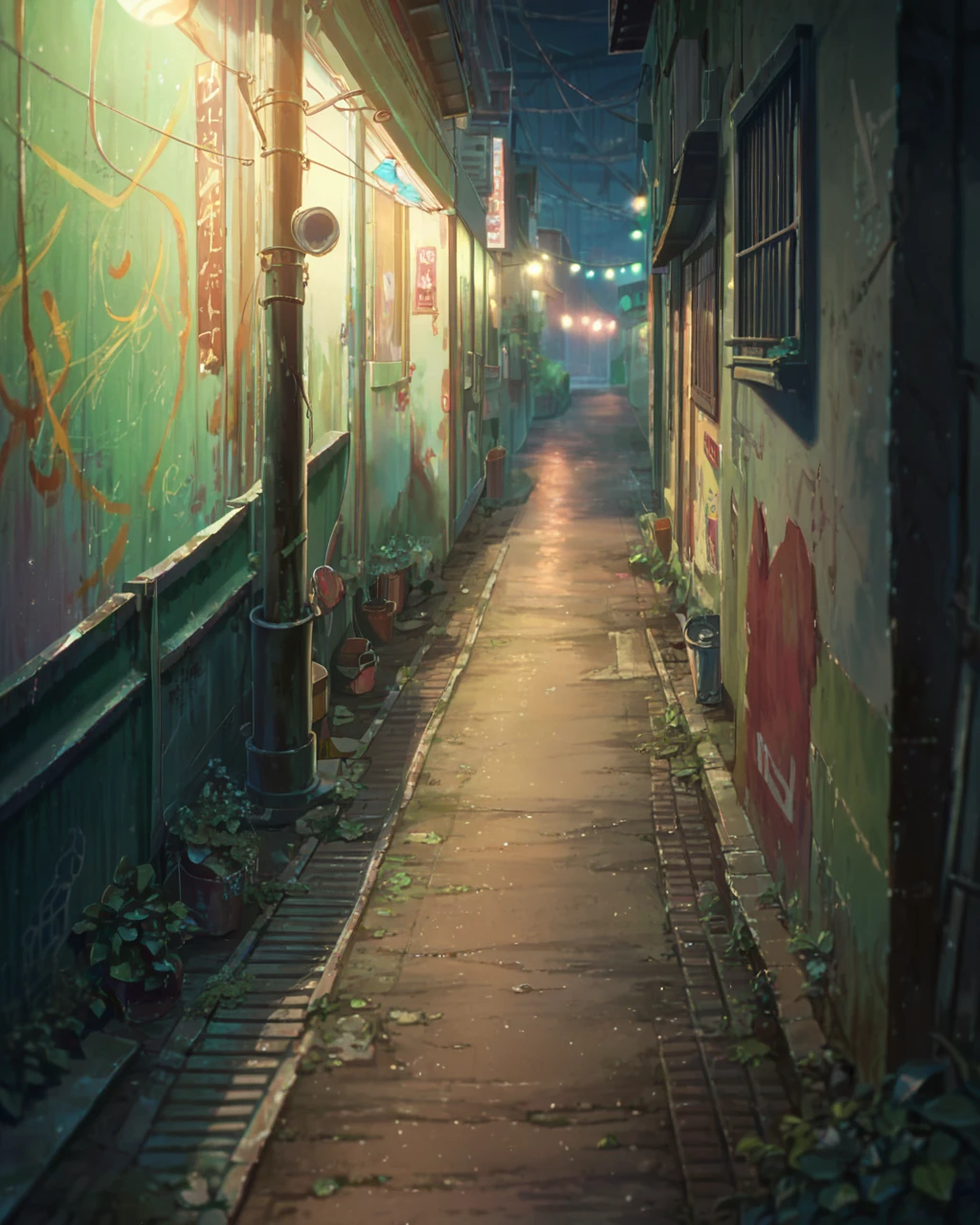 score_9, score_8_up, score_7_up, zPDXL,Shinkaistyle, no humans, scenery, depth of field, dark alleyway, florescent lights<lora:Shinkai_style:1>