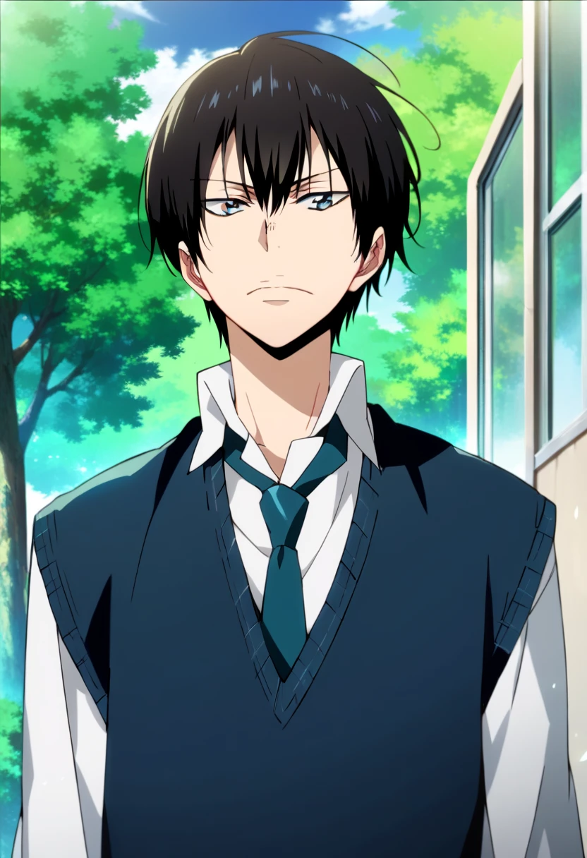 score_9, score_8_up, score_7_up, score_6_up, highly detailed, masterpiece, best quality,detailed,intricate details, amazing quality, best aesthetic, absurdres,kyoya hibari, black hair, gray eyes, 1boy, male focus, solo, school uniform  necktie, sweater vest<lora:EMS-391465-EMS:1.000000>