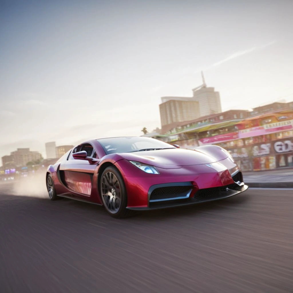 Vehicle, Vega EVX car driving fast, low angle, realistic, cityscape in the background, volumetric lighting, bloom, dust particles, depth of field, dynamic angle, rule of thirds, vivid, vivid color sky, worm under glow, three quarter angle