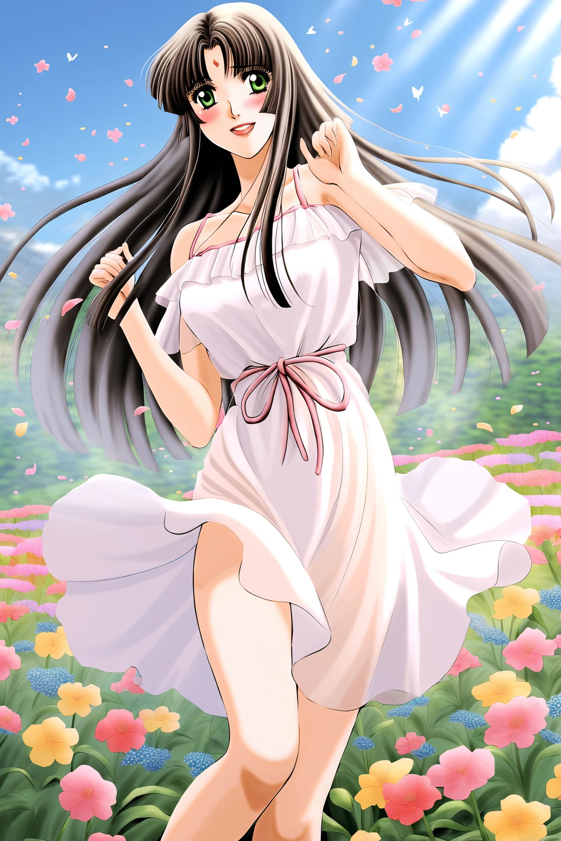 Izumi Masumi, Black Hair, Long Hair, Green Eyes, Forehead Mark, summer dress
cowboy shot, dynamic pose, 1 girl, solo, happy smile joy, blush, ashamed, shy, sexy, charming, alluring, seductive, enchanting, erotic, ((outdoors)), ((flower garden)), ((flowers)), ((many flowers)), spring petals, petals of flowers, spring, falling petals, flying butterflies<lora:EMS-395821-EMS:0.700000>