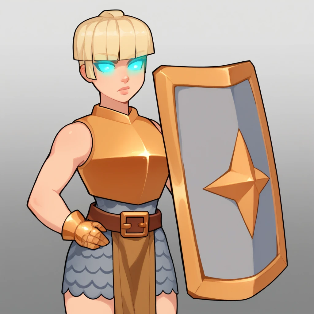 score_8_up, BREAK, ShieldMaiden, 1girl, solo, short hair, blonde hair, glowing eyes, blue eyes, gold armor, sleeveless, brown belt,  gold glove, single glove, <lora:ShieldMaiden_PXL_Leaf1:1>, cowboy shot, gradient background, holding shield,