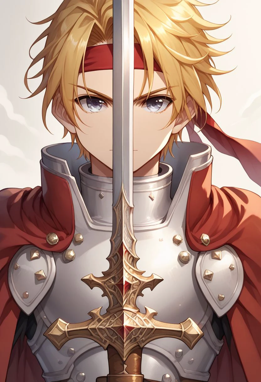 score_9, score_8_up, score_7_up, source_anime, 
cress, armor, solo, red cape, 1boy, cape, headband, red headband, gloves, male focus, weapon, sword, blonde hair, breastplate, 
swordup, looking at viewer, close-up