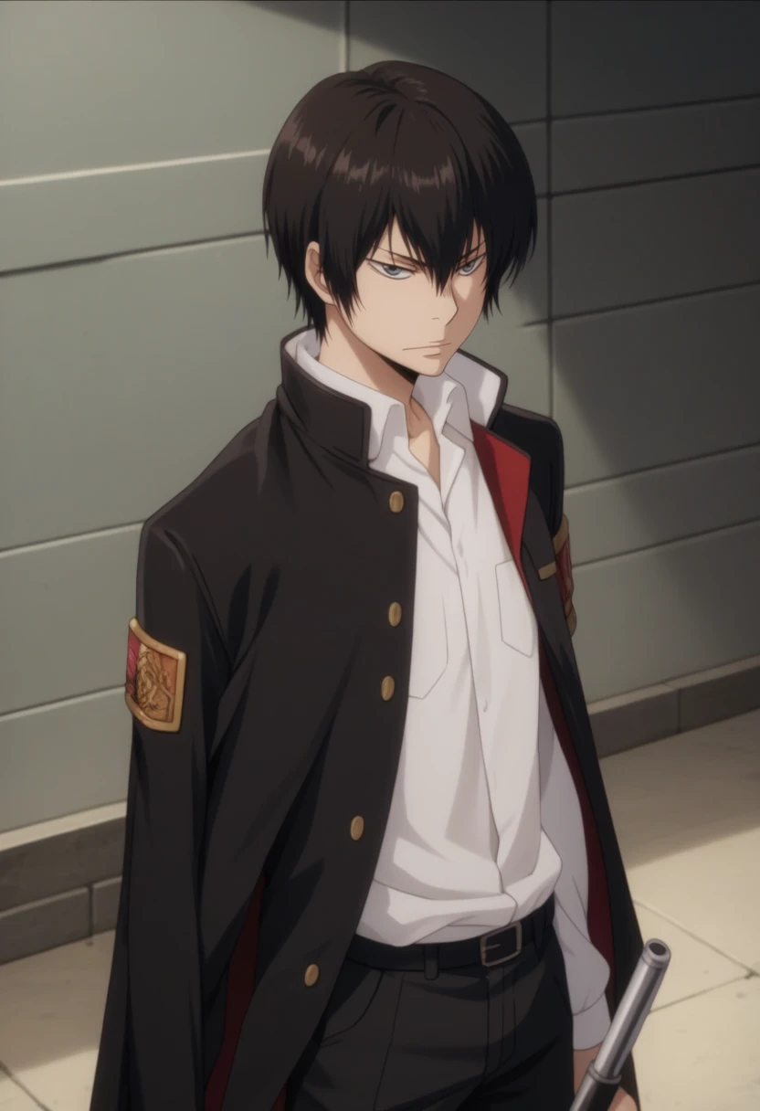 score_9, score_8_up, score_7_up, score_6_up, highly detailed, masterpiece, best quality,detailed,intricate details, amazing quality, best aesthetic, absurdres,kyoya hibari, black hair, gray eyes, 1boy, male focus, solo, weapon, cape, jacket, ring, school uniform open jacket<lora:EMS-391465-EMS:1.000000>