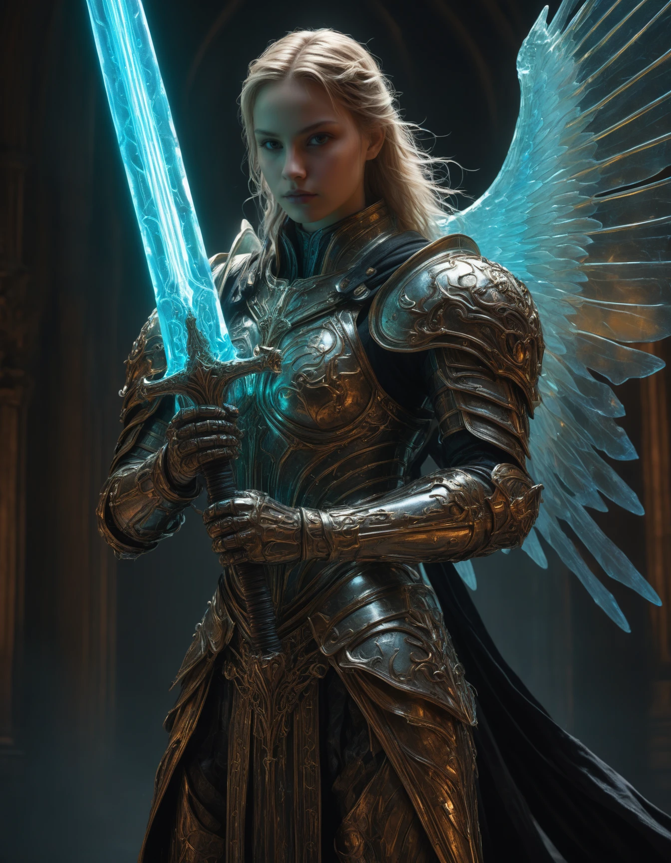 artiangel, full body view, (angelic, gothic, glowing, translucent, bioluminescent, imposing, ethereal, armored:1.5), holding a huge glowing sword, poster art, bold lines, hyper detailed, expressive,  award winning,  (movie still:1.4), (professional, finest details, masterpiece, best quality:1.5), looking at viewer, dynamic pose, wide angle view
<lora:artiangel:0.5>