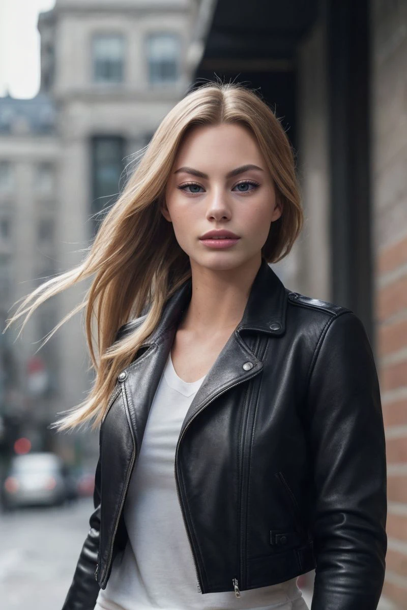portrait of S438_AshleyGraves,a gorgeous woman,in a (city:1.1),wearing a (leather-jacket),(ponytail),(4k, RAW photo, best quality, 50mm, depth of field, ultra high res:1.1),(intricate, photorealistic, cinematic-shot, masterpiece, ultra-detailed:1.1),