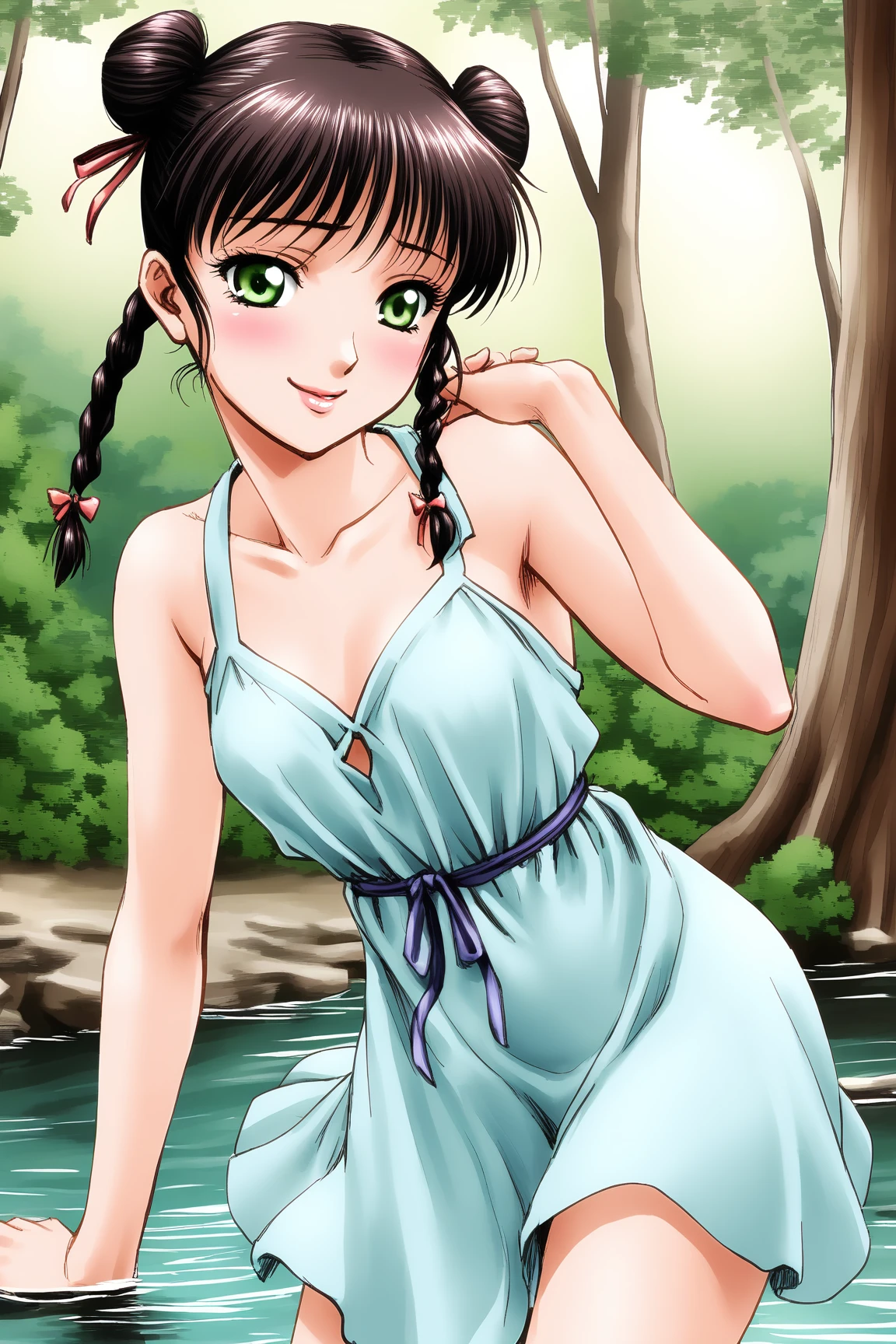 Renfa, Black Hair, Long Hair, Green Eyes, Two Braids, Two Hair Buns, summer dress, in forest, near river,
cowboy shot, dynamic pose, 1 girl, solo, happy smile joy, blush, ashamed, shy, sexy, charming, alluring, seductive, enchanting, erotic, 
<lora:EMS-395785-EMS:0.700000>