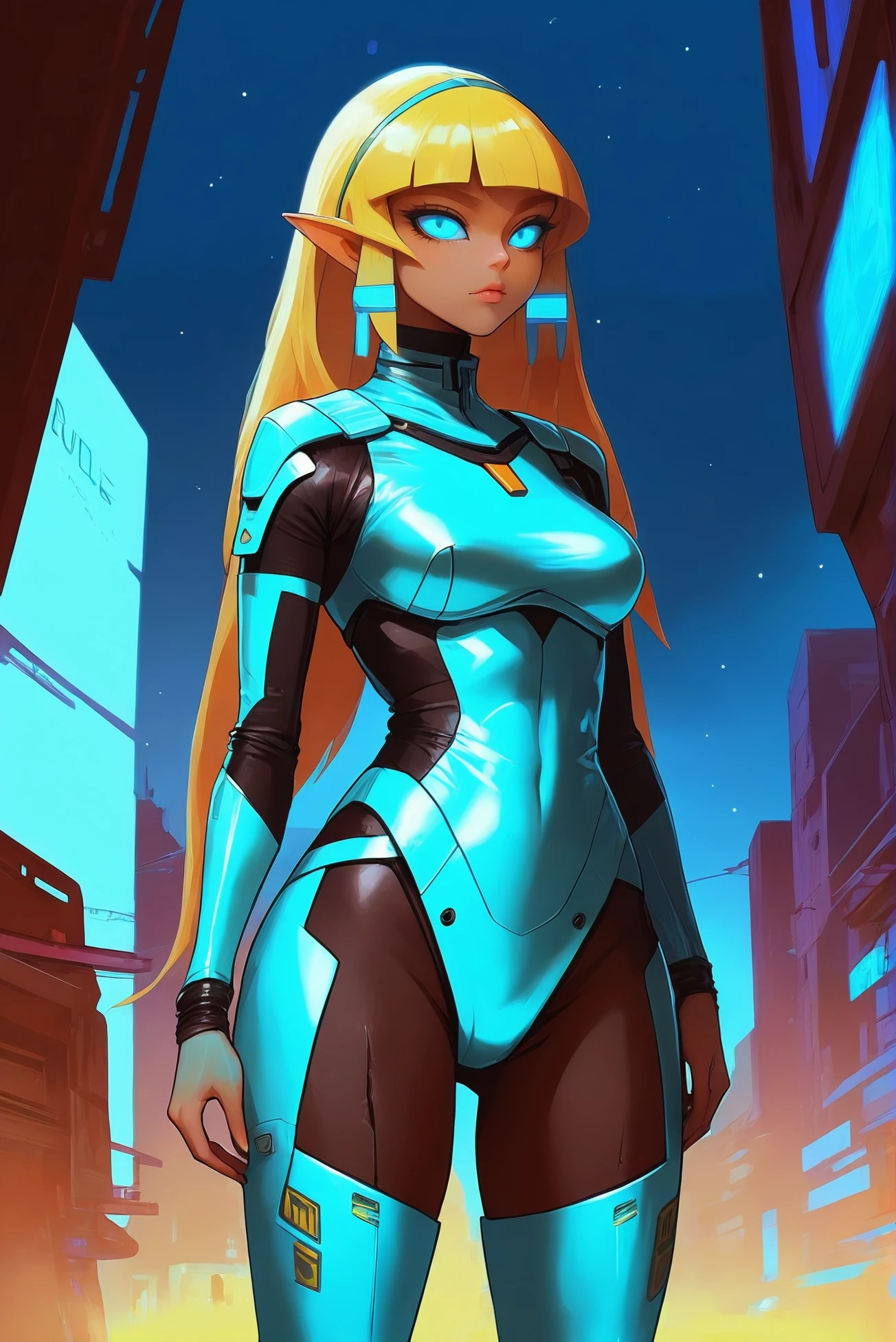 anime digital painting, 1girl, woman, scifi, nanopunk, elf, shuttle pilot, full body, wearing skin-tight cosmic neon color:cornsilk outfit, bombshell hair, matte color:azure metal hair, swept bangs, chubby, narrow waist, medium breasts, caucasian, ruined,cosmic scifi town outside of time<lora:EnvyStarlightDivergent01b:1.25>
