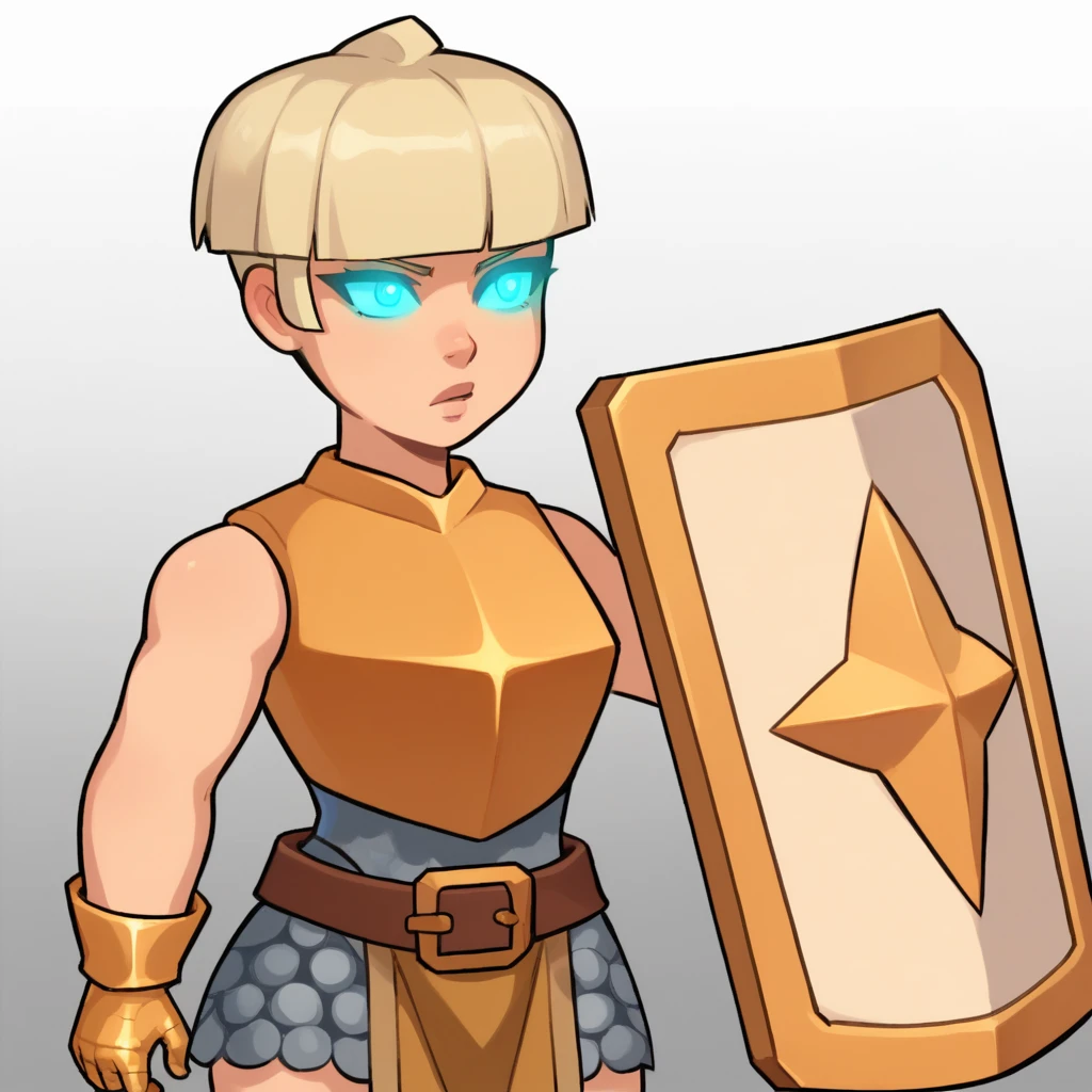 score_7_up, BREAK, ShieldMaiden, 1girl, solo, short hair, blonde hair, glowing eyes, blue eyes, gold armor, sleeveless, brown belt,  gold glove, single glove, <lora:ShieldMaiden_PXL_Leaf1:1>, cowboy shot, gradient background, holding shield,