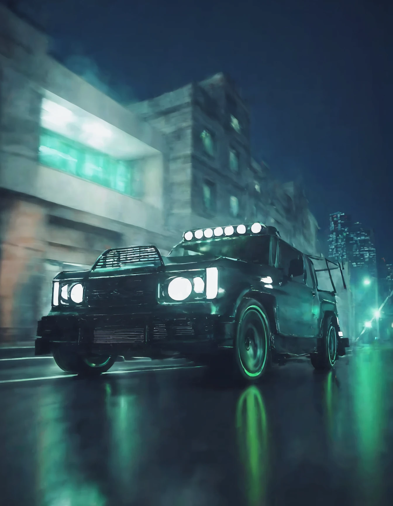 a truck is driving down a city street at night with green lights on the front and back of the vehicle, vehicle focus, car, motor vehicle, no humans, reflection, building, city, sports car, headlight, spoiler \(automobile\), 2093, <lora:LyfeStyle-000005:1>