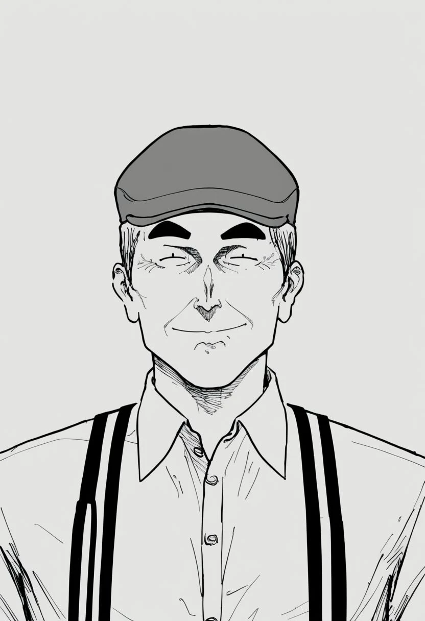 Sato, scally cap, thick eyebrows, white shirt, suspenders, looking at viewer, portrait, closeup shot, face focus, detailed face, bust, character smirk, manga, manga art style, monochrome, hatching, 2d art, black and white