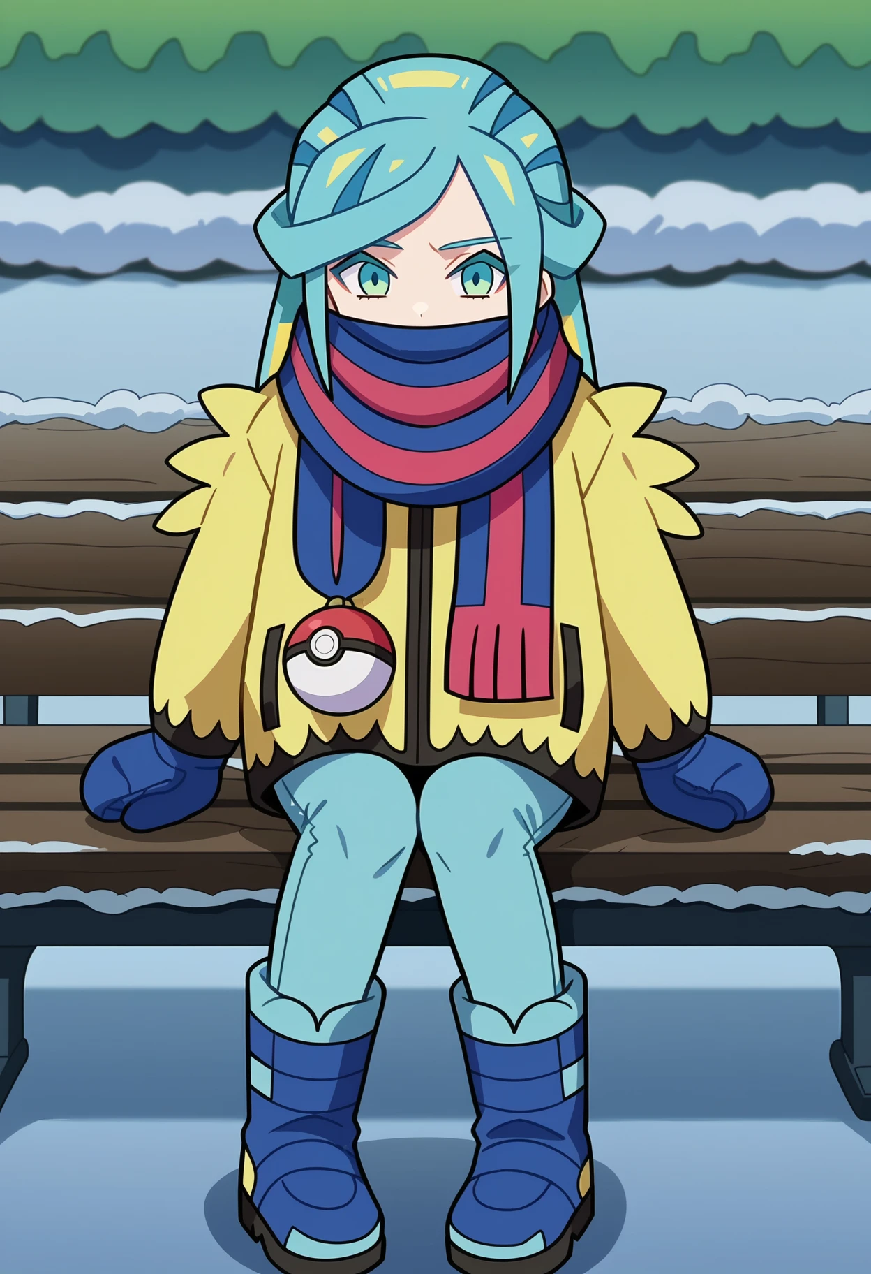 score_9, score_8_up, <lora:PokeBoyGrushaXL_Exotica:1>, long hair, aqua eyes, eyelashes, blue hair, green hair, aqua hair, multicolored hair, hair bun, otoko no ko, flat chest, solo, poke ball print, spiky yellow jacket, blue and red striped scarf, light blue pants, scarf over mouth, covered mouth, standing, blue boots, blue mittens, sitting on a park bench, winter, anime screencap, anime coloring, source_anime