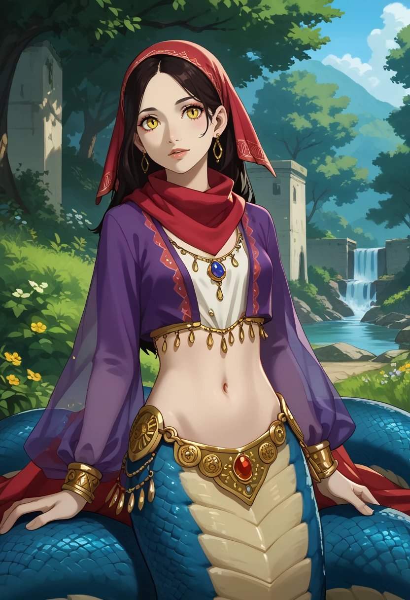 score_9,score_8_up,score_7_up,score_6_up,score_5_up,score_4_up, BREAK, 1girl, solo, (looking at viewer), scenery, outdoors, Gypsy, Flowing garments, mystical accessories, headscarf, vibrant skirts, scarves, coin belts, embroidered blouses, lamia