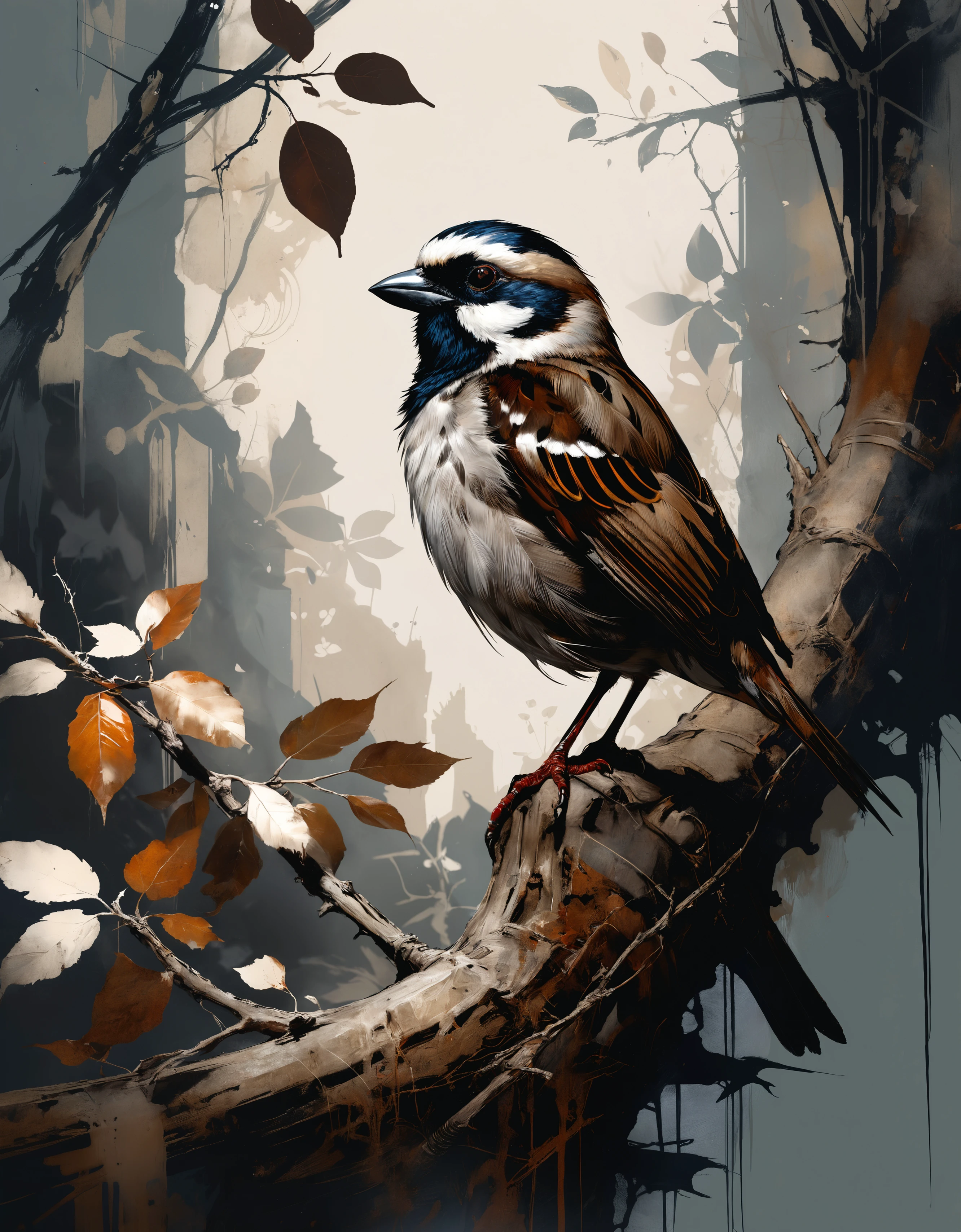 Sparrow in a treetop. Rococo pattern. in a hyperdetailed approach akin to the works of Russ Mills, Alan Lee and Eric Canete, featuring cinematic lighting with a spotlight on the dark stage, perfect composition, strong shadows, soft color palette with ink accents, Impasto paint smudges. Oils on canvas. Intricate hyperdetailed Background. Liquid guache. Shakespeare doing deep philosophy. Tetradic colou