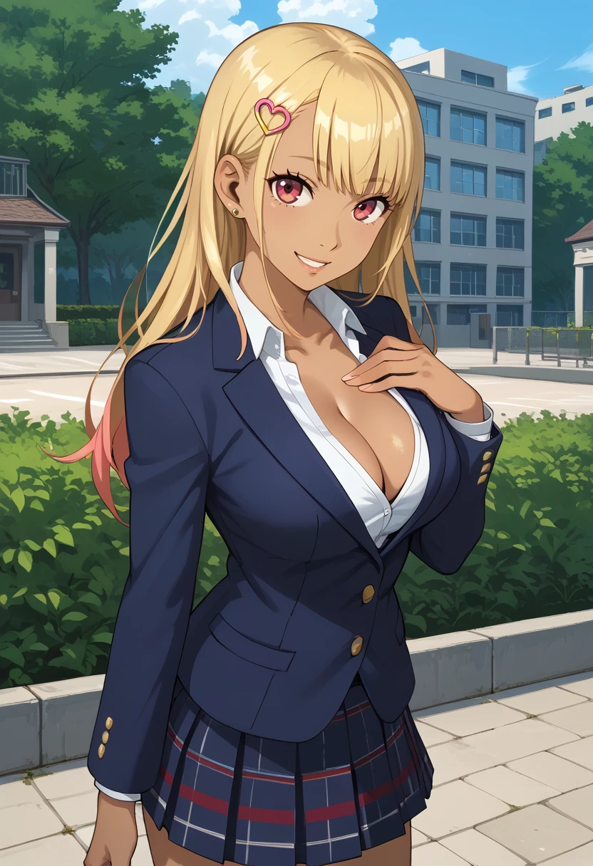 score_9,score_8_up,score_7_up,score_6_up,score_5_up,score_4_up, BREAK, 1girl, solo, (looking at viewer), scenery, outdoors, cleavage, gyaru, School uniform, blazer, skirt, ribbon, hair ornament, accessories, cleavage, large breasts, hand on own chest, smile,