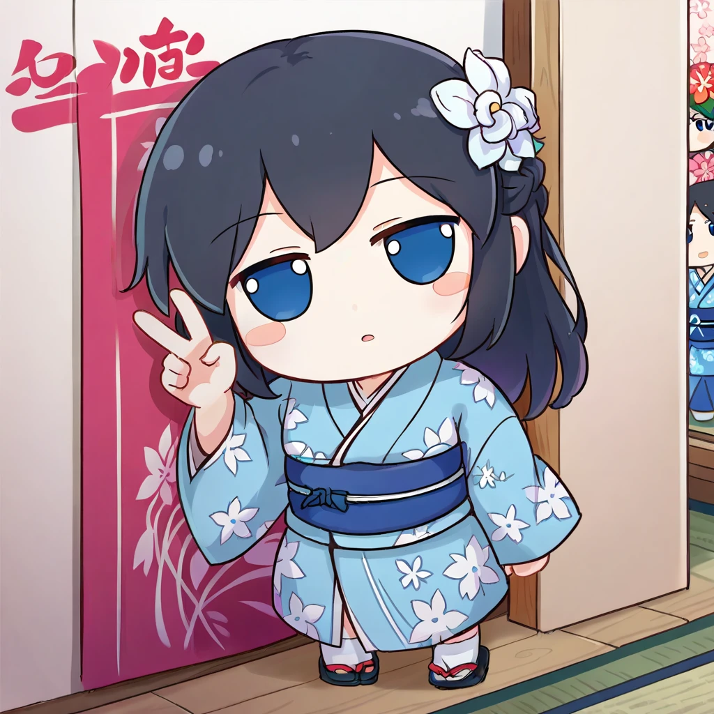 1girl,
fumo doll, chibi, solo, long hair, blush, looking up, from above, half updo, open clothes, blue kimono, hair ornament, socks, hand puppet, white flower, white socks, sash, flower, looking at viewer, hair flower, light blush, yukata, holding, parted lips, long sleeves, no shoes, sack, obi, dried footwear, full body, :>, standing, blue eyes, head tilt, wide sleeves, furisode, black hair, braid, blush stickers, floral background, japanese clothes, kimono, print kimono, floral print,
score_9, score_8_up, score_7_up, source_anime
<lora:XL_fumo_(doll)(pony):1>