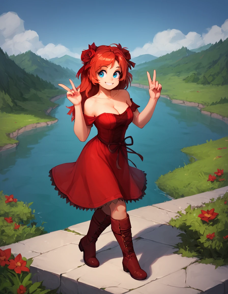 score_9, score_8_up, score_7_up, 
ebfn4t,red dress,
bare shoulders,  cleavage, collarbone, full body, knee boots, 
solo,huge smile, v,
cute,
scenery, 
 <lora:ebf_natalie:0.8>