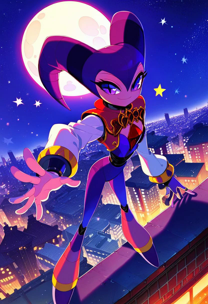 score_9, score_8_up, score_7_up, score_6_up, Nights, Jester, purple eyes, purple bodysuit, white sleeves, oval ruby on chest, 1girl, city background, rooftop, night time, moon, stars, standing on rooftop,  (high res), (beautiful quality), official art, censored,