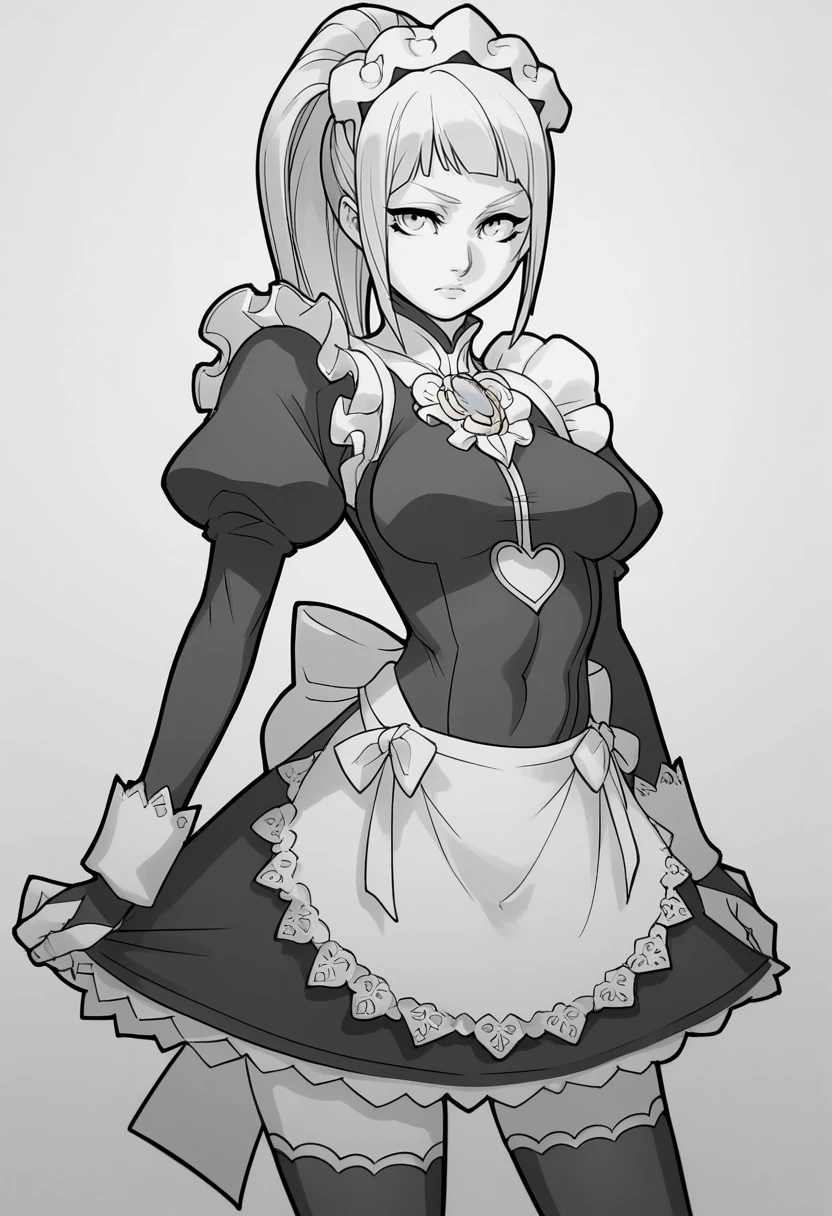 score_9, score_8_up, score_7_up, source_anime BREAK 1girl, solo, <lora:daicombo-artist-richy-v1_pdxl:1> standing, monochrome, greyscale, <lora:felicia-fe-richy-v1_pdxl:0.8> feliciadef, ponytail, long hair, maid headdress, brooch, maid apron, black thighhighs, bridal gauntlets