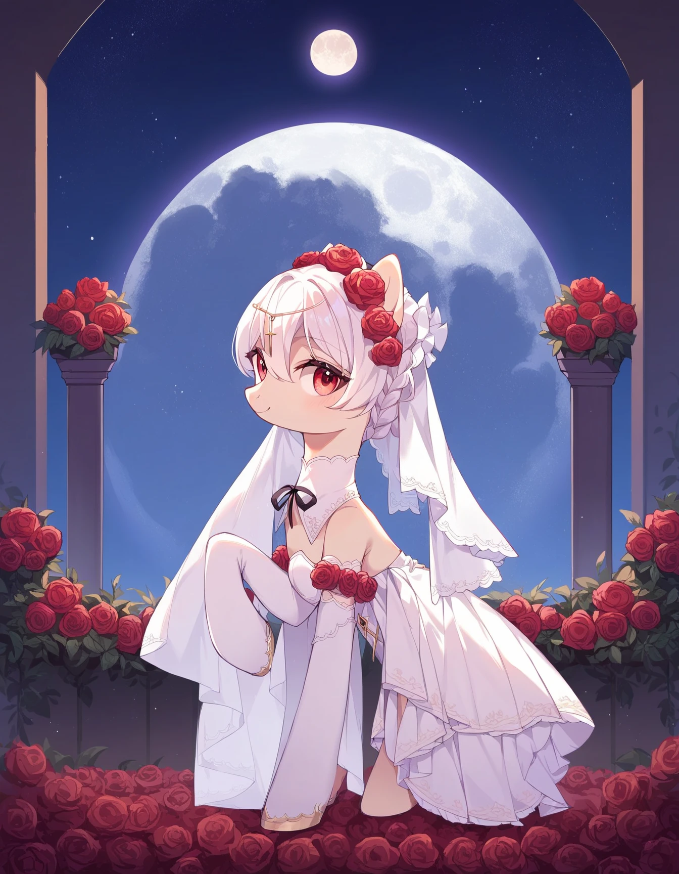 score_9, score_8_up, score_7_up, rating_safe, source_pony, pony, rosy bridesmaid, solo, full body, from side, looking at viewer, rose, detached collar, detached sleeves, bridal veil, garden, night sky, moon, castle in the background