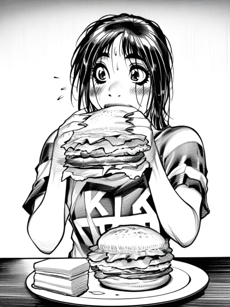 eating hamburger, monochrome, hamburger, woman
score_8_up <lora:Empowered Comic-000010:1>