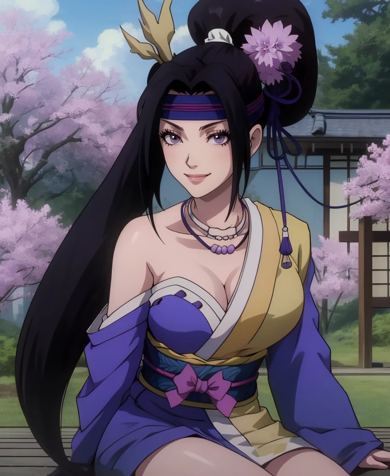 inahime,purple eyes,black hair,ponytail,
blue japanese clothes,necklace,hair flower,headband, hair ornament, long sleeves,    
smile,looking at viewer,cleavage,
sitting,
sengoku period,outdoors,
(insanely detailed,  masterpiece, best quality),solo,<lora:inahimeSW4:0.9>,