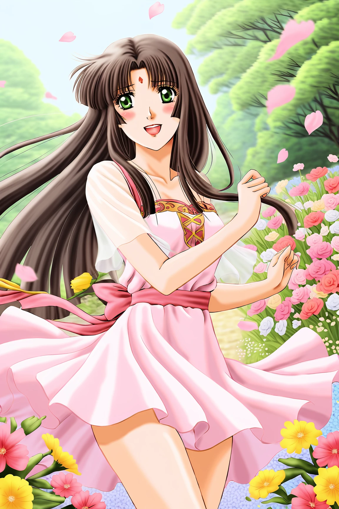 Izumi Masumi, Black Hair, Long Hair, Green Eyes, Forehead Mark, summer dress
cowboy shot, dynamic pose, 1 girl, solo, happy smile joy, blush, ashamed, shy, sexy, charming, alluring, seductive, enchanting, erotic, ((outdoors)), ((flower garden)), ((flowers)), ((many flowers)), spring petals, petals of flowers, spring, falling petals, flying butterflies<lora:EMS-395821-EMS:0.700000>