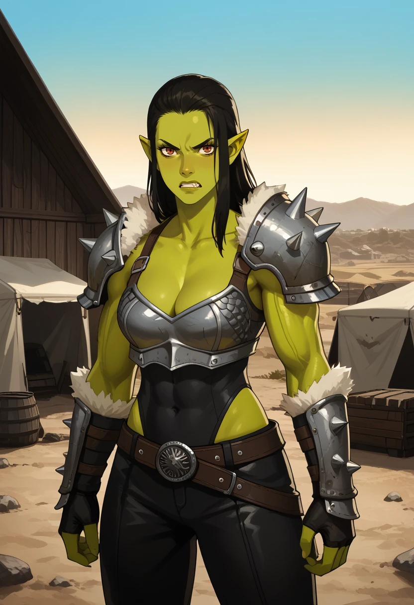 score_9,score_8_up,score_7_up,score_6_up,score_5_up,score_4_up, BREAK, 1girl, solo, (looking at viewer), scenery, outdoors, leather armor, spiked shoulder armor, fur trim, cleavage, green skinned female, orc, angry, muscular, wasteland, tent,