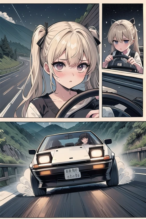 (((masterpiece))), (((best quality))), ((drifting style)), ((comic)), ((manga)), motion lines, motion blur, speed, driving, sports car, holding steering wheel, seatbelt, reflection, wet, dust, wind, cliff, night, slope, uphill, downhill, AE 86, Initial D, mountain road, starry sky, solo, 1girl, blonde hair, twintails, sweating, sweat, ruthless, serious, big tits, shy, blush, slim figure, <lora:50pics_driftingstyle:0.9>